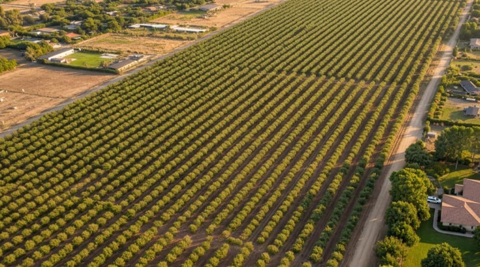 Vista aérea del condominio de parcelas con nogales en producción, Talagante